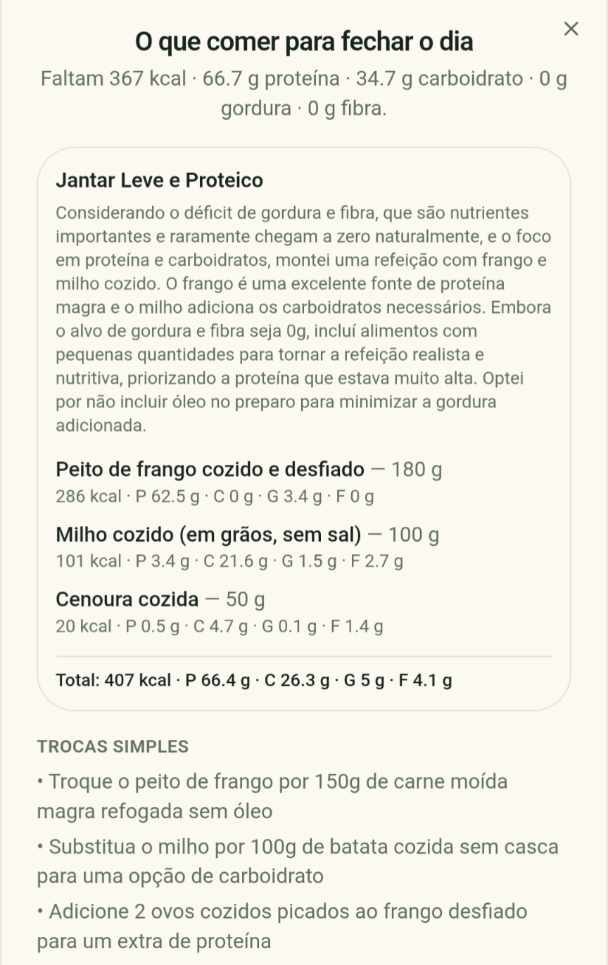 Tela do QuantasCal sugerindo uma refeição para fechar as metas de proteína, carboidrato, gordura e fibra do dia