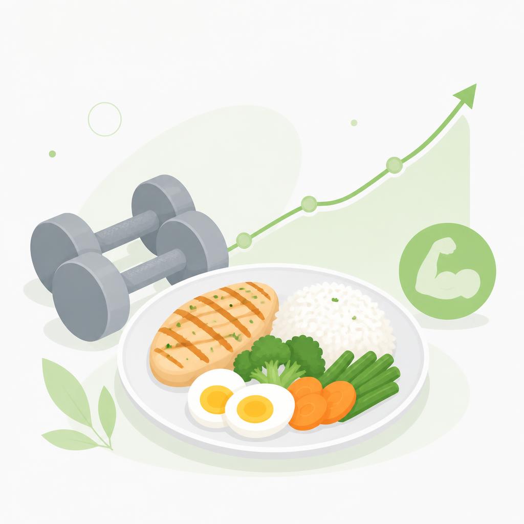 Ilustração de ganho de peso saudável: prato rico em proteína, halteres e gráfico ascendente